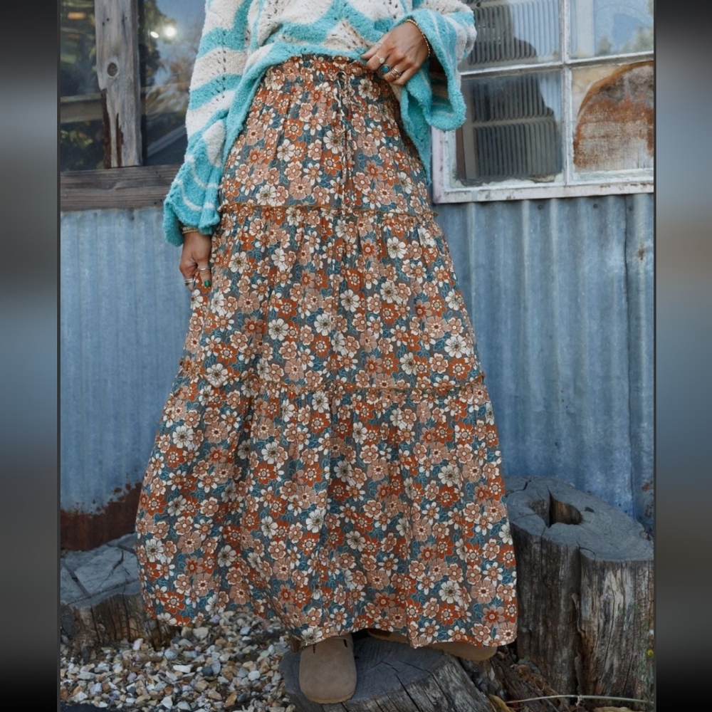 Three Bird Nest Retro Floral Print Rayon Maxi Skirt - Size Large - Last one
